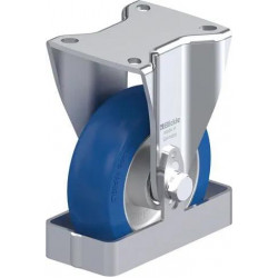 钢板压制定向脚轮, 重型负载设计, 带顶板配件, 和钢制脚挡, 配 Blickle Besthane® Soft 聚氨酯胎面的重型单轮, 配铝制轮芯, 配纯球形行走胎面