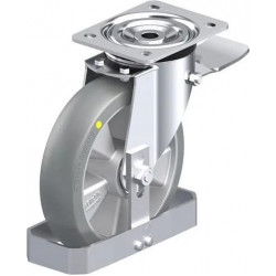 钢板压制万向脚轮, 中型负载设计, 带顶板配件, 配制动系统 'stop-top', 和钢制脚挡, 配 Blickle Extrathane® 聚氨酯胎面的重型单轮, 配铝制轮芯, 配纯球形行走胎面, 抗静电