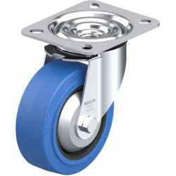 带顶板配件的钢板压制万向脚轮, 配 'Blickle EasyRoll' 弹性实心橡胶轮胎的重型单轮, 配尼龙轮芯, 无痕, 蓝色, 配钢制防线盖