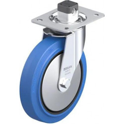 带顶板配件的钢板压制万向脚轮, 配中央制动系统 'central-stop', 配 'Blickle EasyRoll' 弹性实心橡胶轮胎的重型单轮, 配尼龙轮芯, 无痕, 蓝色, 配塑料防线盖, 小, 配钢制防线盖