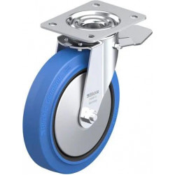 带顶板配件的钢板压制万向脚轮, 配制动系统 'stop-top', 配 'Blickle EasyRoll' 弹性实心橡胶轮胎的重型单轮, 配尼龙轮芯, 无痕, 蓝色, 配钢制防线盖