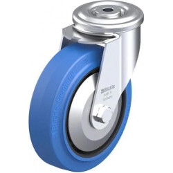 带螺栓孔的钢板压制万向脚轮, 配 'Blickle EasyRoll' 弹性实心橡胶轮胎的重型单轮, 配尼龙轮芯, 无痕, 蓝色, 配塑料防线盖, 小, 配钢制防线盖