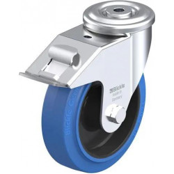 带螺栓孔的钢板压制万向脚轮, 配制动系统 'stop-fix', 配 'Blickle EasyRoll' 弹性实心橡胶轮胎的重型单轮, 配尼龙轮芯, 无痕, 蓝色
