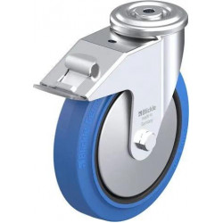 带螺栓孔的钢板压制万向脚轮, 配制动系统 'stop-fix', 配 'Blickle EasyRoll' 弹性实心橡胶轮胎的重型单轮, 配尼龙轮芯, 无痕, 蓝色, 配钢制防线盖
