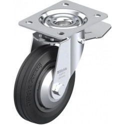 带顶板配件的钢板压制万向脚轮, 配制动系统 'stop-top', 配标准实心橡胶轮胎的单轮, 配塑料轮辋, 配钢制防线盖