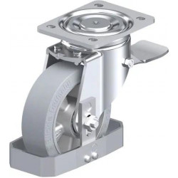 钢板压制万向脚轮, 重型负载设计, 带顶板配件, 配制动系统 'stop-top', 和钢制脚挡, 配 'Blickle EasyRoll' 弹性实心橡胶轮胎的重型单轮, 配铝制轮芯, 无痕, 灰色