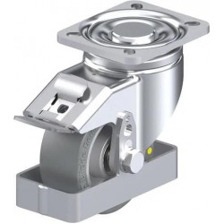 钢板压制万向脚轮, 重型负载设计, 带顶板配件, 配制动系统 'stop-fix', 和钢制脚挡, 配 Blickle Extrathane® 聚氨酯胎面的重型单轮, 配铝制轮芯, 抗静电