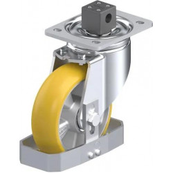 钢板压制万向脚轮, 重型负载设计, 带顶板配件, 配中央制动系统 'central-stop', 和钢制脚挡, 配 Blickle Extrathane® 聚氨酯胎面的重型单轮, 配铝制轮芯, 配纯球形行走胎面