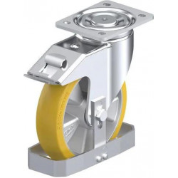 钢板压制万向脚轮, 重型负载设计, 带顶板配件, 配制动系统 'stop-fix', 和钢制脚挡, 配 Blickle Extrathane® 聚氨酯胎面的重型单轮, 配铝制轮芯, 配纯球形行走胎面