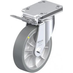 钢板压制万向脚轮, 重型负载设计, 带顶板配件, 配制动系统 'ideal-stop', 配 Blickle Extrathane® 聚氨酯胎面的重型单轮, 配铝制轮芯, 抗静电