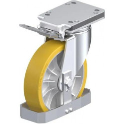 钢板压制万向脚轮, 重型负载设计, 带顶板配件, 配制动系统 'ideal-stop', 和钢制脚挡, 配 Blickle Extrathane® 聚氨酯胎面的重型单轮, 配铝制轮芯
