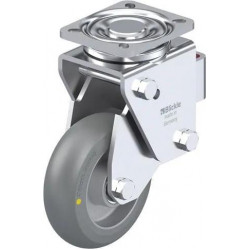 钢板压制万向脚轮, 重型负载设计, 配钢弹簧, 配 Blickle Extrathane® 聚氨酯胎面的重型单轮, 配铝制轮芯, 配纯球形行走胎面, 配钢制防线盖, 抗静电