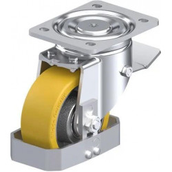 钢板压制万向脚轮, 重型负载设计, 带顶板配件, 配制动系统 'stop-top', 和钢制脚挡, 配 Blickle Extrathane® 聚氨酯胎面的重型单轮, 配铸铁轮芯