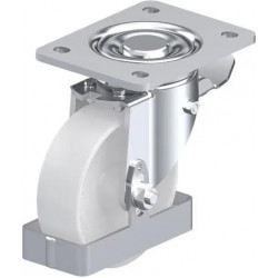 钢板压制万向脚轮, 重型负载设计, 带顶板配件, 配制动系统 'stop-top', 和钢制脚挡, 尼龙轮