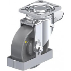 钢板压制万向脚轮, 重型负载设计, 带顶板配件, 配制动系统 'stop-top', 和钢制脚挡, 尼龙轮, 配塑料防线盖, 小, 导电, 无痕