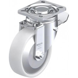 钢板压制万向脚轮, 重型负载设计, 带顶板配件, 配制动系统 'stop-top', 尼龙轮, 配塑料防线盖, 小, 配钢制防线盖