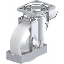 钢板压制万向脚轮, 重型负载设计, 带顶板配件, 配制动系统 'stop-top', 和钢制脚挡, 尼龙轮, 配塑料防线盖, 小, 配钢制防线盖