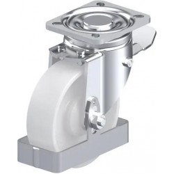 钢板压制万向脚轮, 重型负载设计, 带顶板配件, 配制动系统 'stop-top', 和钢制脚挡, 尼龙轮, 配塑料防线盖, 小