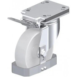 钢板压制万向脚轮, 重型负载设计, 带顶板配件, 配制动系统 'ideal-stop', 和钢制脚挡, 尼龙轮