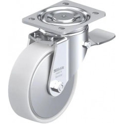 钢板压制万向脚轮, 重型负载设计, 带顶板配件, 配制动系统 'stop-top', 尼龙轮, 配钢制防线盖