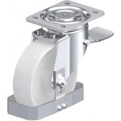 钢板压制万向脚轮, 重型负载设计, 带顶板配件, 配制动系统 'stop-top', 和钢制脚挡, 尼龙轮