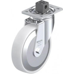 钢板压制万向脚轮, 重型负载设计, 带顶板配件, 配中央制动系统 'central-stop', 尼龙轮, 配钢制防线盖