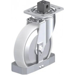 钢板压制万向脚轮, 重型负载设计, 带顶板配件, 配中央制动系统 'central-stop', 和钢制脚挡, 尼龙轮, 配钢制防线盖