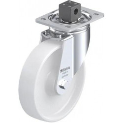 钢板压制万向脚轮, 重型负载设计, 带顶板配件, 配中央制动系统 'central-stop', 和钢制脚挡, 尼龙轮