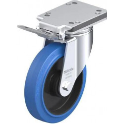 钢板压制万向脚轮, 重型负载设计, 带顶板配件, 配制动系统 'ideal-stop', 配 'Blickle EasyRoll' 弹性实心橡胶轮胎的重型单轮, 配尼龙轮芯, 无痕, 蓝色, 配塑料防线盖, 小