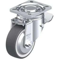 钢板压制万向脚轮, 重型负载设计, 带顶板配件, 配制动系统 'stop-top', 配热塑性聚氨酯胎面的单轮, 配重型尼龙轮芯, 配钢制防线盖