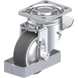 钢板压制万向脚轮, 重型负载设计, 带顶板配件, 配制动系统 'stop-top', 和钢制脚挡, 配热塑性聚氨酯胎面的单轮, 配重型尼龙轮芯, 配钢制防线盖