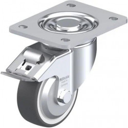 钢板压制万向脚轮, 重型负载设计, 带顶板配件, 配制动系统 'stop-fix', 配热塑性聚氨酯胎面的单轮, 配重型尼龙轮芯, 配钢制防线盖