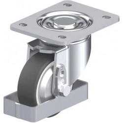 钢板压制万向脚轮, 重型负载设计, 带顶板配件, 和钢制脚挡, 配热塑性聚氨酯胎面的单轮, 配重型尼龙轮芯, 配钢制防线盖