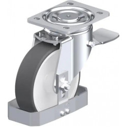 钢板压制万向脚轮, 重型负载设计, 带顶板配件, 配制动系统 'stop-top', 和钢制脚挡, 配热塑性聚氨酯胎面的单轮, 配重型尼龙轮芯