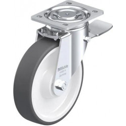 钢板压制万向脚轮, 重型负载设计, 带顶板配件, 配制动系统 'stop-top', 配热塑性聚氨酯胎面的单轮, 配重型尼龙轮芯