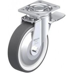 钢板压制万向脚轮, 重型负载设计, 带顶板配件, 配制动系统 'stop-top', 配热塑性聚氨酯胎面的单轮, 配重型尼龙轮芯, 配钢制防线盖