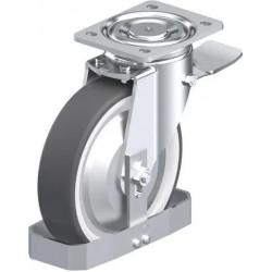 钢板压制万向脚轮, 重型负载设计, 带顶板配件, 配制动系统 'stop-top', 和钢制脚挡, 配热塑性聚氨酯胎面的单轮, 配重型尼龙轮芯, 配钢制防线盖