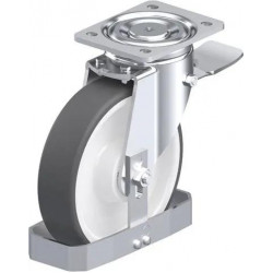 钢板压制万向脚轮, 重型负载设计, 带顶板配件, 配制动系统 'stop-top', 和钢制脚挡, 配热塑性聚氨酯胎面的单轮, 配重型尼龙轮芯