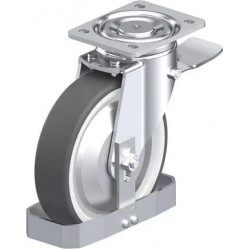 钢板压制万向脚轮, 重型负载设计, 带顶板配件, 配制动系统 'stop-top', 和钢制脚挡, 配热塑性聚氨酯胎面的单轮, 配重型尼龙轮芯, 配钢制防线盖