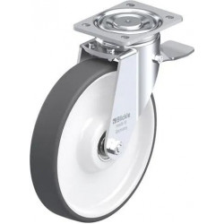 钢板压制万向脚轮, 重型负载设计, 带顶板配件, 配制动系统 'stop-top', 配热塑性聚氨酯胎面的单轮, 配重型尼龙轮芯