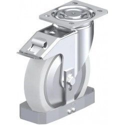 钢板压制万向脚轮, 重型负载设计, 带顶板配件, 配制动系统 'stop-fix', 和钢制脚挡, 尼龙重型单轮, 配钢制防线盖