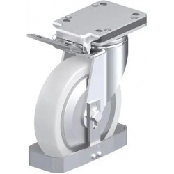 钢板压制万向脚轮, 重型负载设计, 带顶板配件, 配制动系统 'ideal-stop', 和钢制脚挡, 尼龙重型单轮, 配钢制防线盖