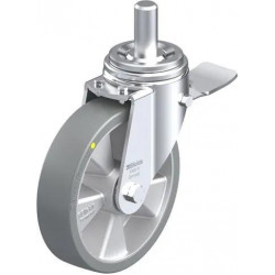 钢板压制万向脚轮, 重型负载设计, 带柱杆配件, 配制动系统 'stop-top', 配 Blickle Extrathane® 聚氨酯胎面的重型单轮, 配铝制轮芯, 抗静电