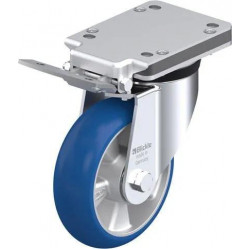 钢板压制万向脚轮, 重型负载设计, 配制动系统 'ideal-stop', 配 Blickle Besthane® Soft 聚氨酯胎面的重型单轮, 配铝制轮芯, 配纯球形行走胎面