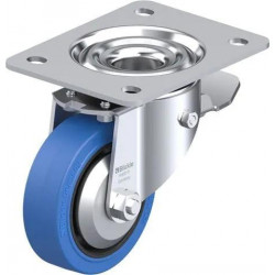 钢板压制万向脚轮, 重型负载设计, 配制动系统 'stop-top', 配 'Blickle EasyRoll' 弹性实心橡胶轮胎的重型单轮, 配尼龙轮芯, 无痕, 蓝色, 配钢制防线盖