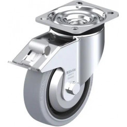 钢板压制万向脚轮, 重型负载设计, 配制动系统 'stop-fix', 配 'Blickle EasyRoll' 弹性实心橡胶轮胎的重型单轮, 配尼龙轮芯, 无痕, 灰色, 配钢制防线盖