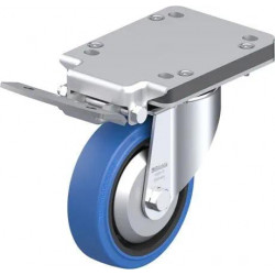 钢板压制万向脚轮, 重型负载设计, 配制动系统 'ideal-stop', 配 'Blickle EasyRoll' 弹性实心橡胶轮胎的重型单轮, 配尼龙轮芯, 无痕, 蓝色, 配钢制防线盖