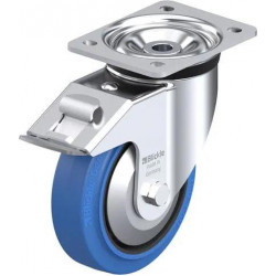 钢板压制万向脚轮, 重型负载设计, 配制动系统 'stop-fix', 配 'Blickle EasyRoll' 弹性实心橡胶轮胎的重型单轮, 配尼龙轮芯, 无痕, 蓝色, 配塑料防线盖, 小, 配钢制防线盖