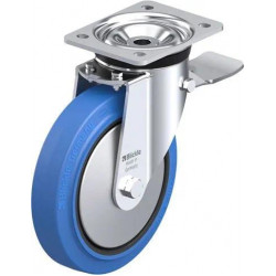 钢板压制万向脚轮, 重型负载设计, 配制动系统 'stop-top', 配 'Blickle EasyRoll' 弹性实心橡胶轮胎的重型单轮, 配尼龙轮芯, 无痕, 蓝色, 配钢制防线盖
