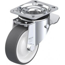 钢板压制万向脚轮, 重型负载设计, 配制动系统 'stop-top', 配热塑性聚氨酯胎面的单轮, 配重型尼龙轮芯, 配塑料防线盖, 小